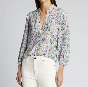 Alice + Olivia Blouse Sheila Ditzy Floral Blue Silk Henley Sz medium
